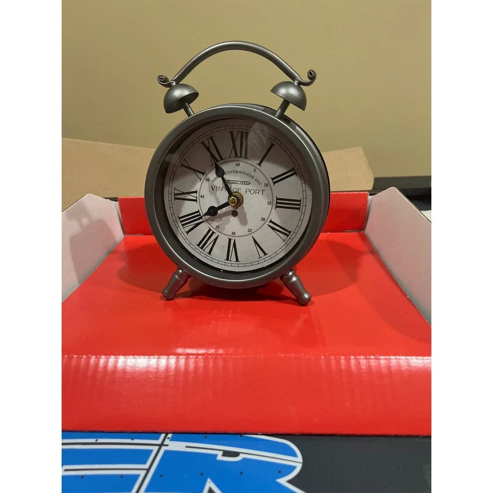 Abernethy & Wehde Inc Vintage Port Metal Desk Clock Pewter Gray Roman Numeral